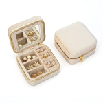 Rejsesmykkeskrin i velour med ringrum — Lys beige med spejl